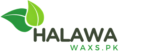 Logo of Halawa Wax with a green leaf on a transparent background